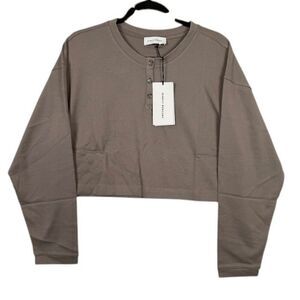 NEW! NINETY PERCENT Organic Cotton Crop Crew Button Neck Top Pebble OverSized XS